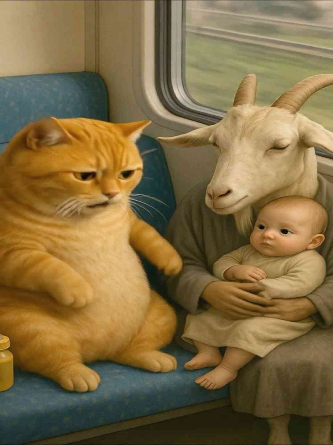 Orange cat with baby story video cartoon ai animation animal goat