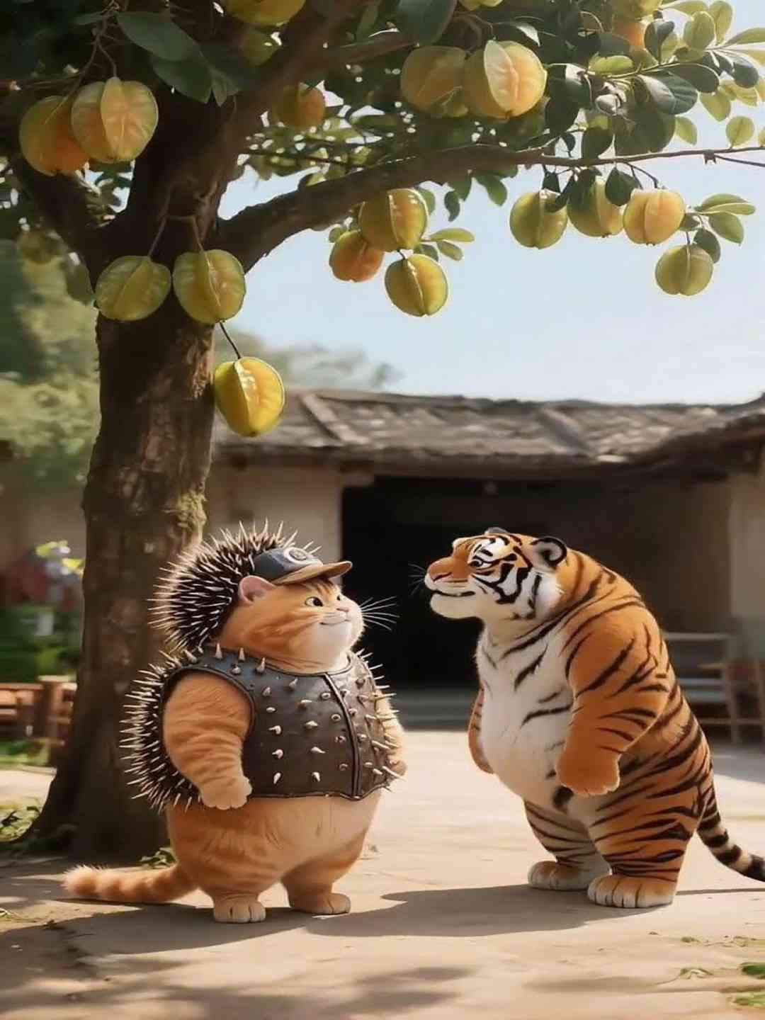 A funny story between a fat orange cat, a hedgehog and a tiger