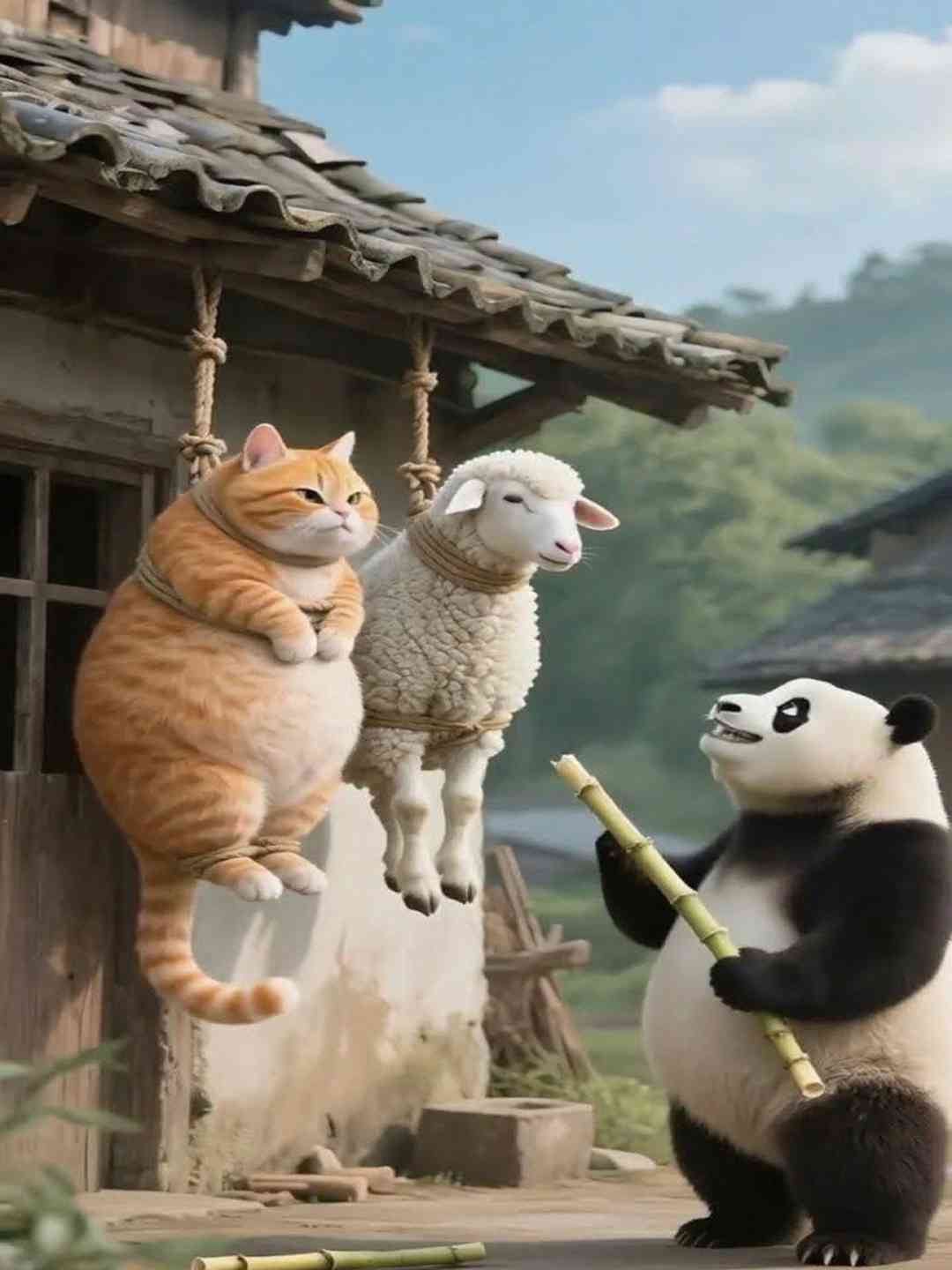 Smart fat panda catches orange cat and his gang
