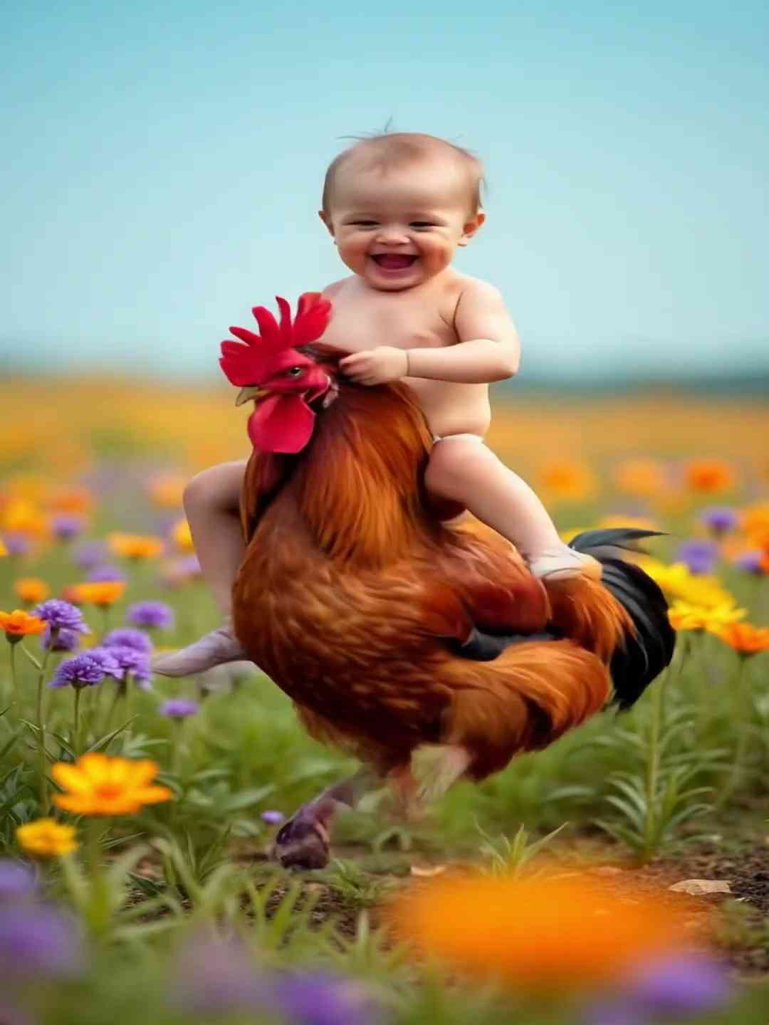 Cute baby with rooster