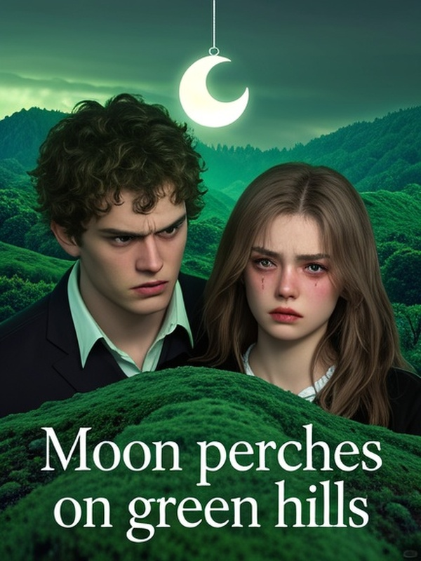 Moon perches on green hills